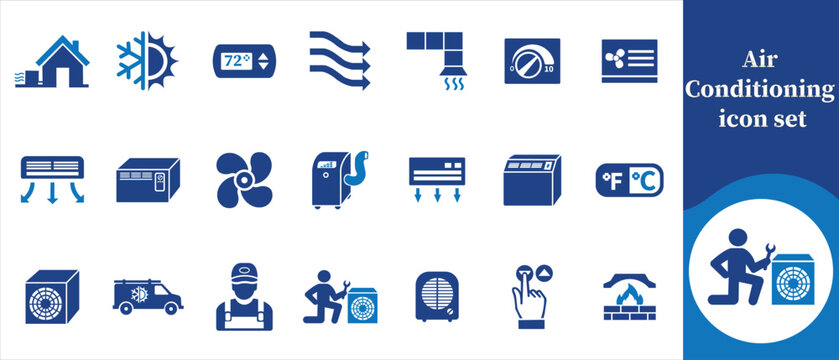 Air conditioning icon set, speed, rotation, black, suction, abstract, right, clean, filtration, blue, air filter, line, sign, house, outline, ventilator, cooling, equipment, technology and nor