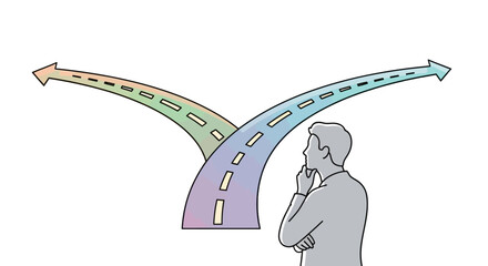 Decision at Crossroads Vector Illustration – Flat Minimal Person Choosing Two Directions, Conceptual Pastel Design Isolated on White