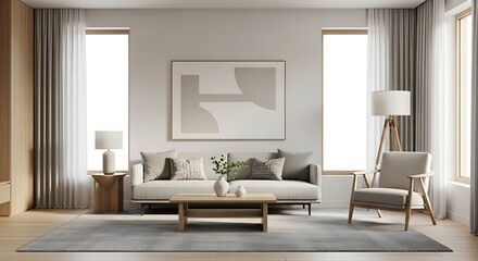 Bright and Serene Minimalist Living Room Interior Design with Modern Furniture, Neutral Tones, and Abstract Art, Creating a Harmonious and Relaxing Home Environment for Contemporary Living