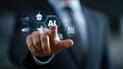 Naklejka premium Person Interacting with AI Technology, Futuristic Digital Interface and Business Concept