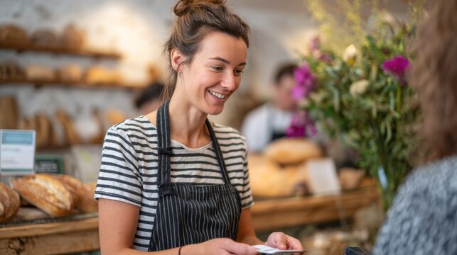 A Friendly Smiling Assistant at a Bakery Counter Engaging with Customers in a Vibrant and Inviting Atmosphere Filled with Freshly Baked Goods and Flowers. Checkout retail process