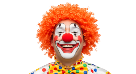 Man dressed as clown with orange wig smiling, isolated on transparent background