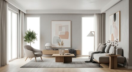 Elegant and modern living room design with comfortable furniture, natural light and decor