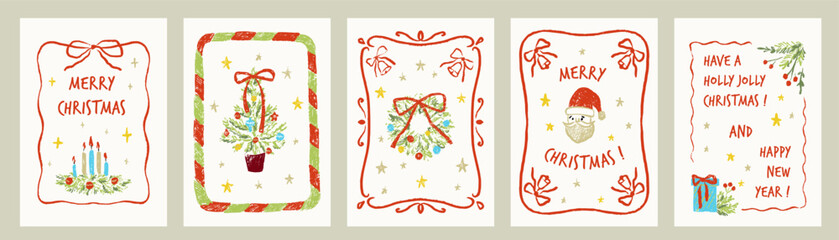 Set of cute childish doodle whimsical Merry Christmas and Happy New Year greeting cards, posters, backgrounds. Crayon kid scribbles of tacky Christmas tree, Santa, wreath. Coquette bow ribbon frame