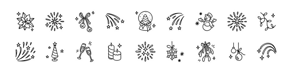 WebSet of handwriting Happy New Year and Merry Christmas decorations. Cute line doodle hand drawn sketch vector illustration. Twinkle, confetti, glitter, sparks, movement magic effect crayon scribbles