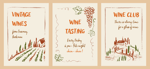 Set of chalk, crayon, pastel, pencil hand drawn doodle vinery poster. Red and white Spanish, Italian, Greek, French wine. Rural country side sketch landscape with house, field, cypress in Tuscany