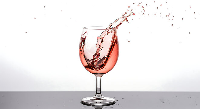 A clear wine glass with rose-colored liquid being splashed upward, creating a dynamic effect.