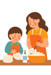 Sister Washing Dishes with Sibling Vector