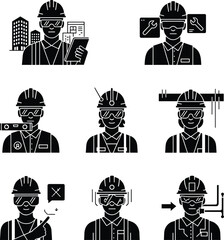 Construction worker icon set, engineering roles vector, safety gear illustration, hard hat professionals, site inspector, mechanic, dispatcher, surveyor, black silhouette