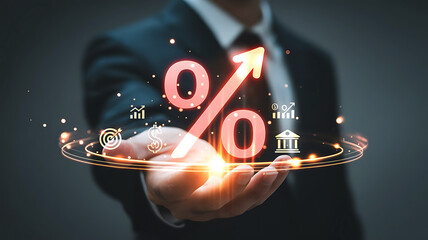 Interest Rate Hike Concept with Businessman Presenting Growth in Finance and Economy with Percentage Sign Rising Higher