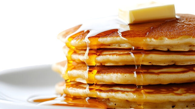 Stack of tasty pancakes with butter and maple syrup isolated on transparent background for breakfast meal