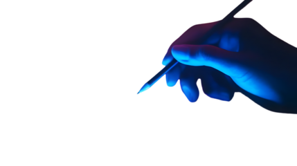 Hand holding a pencil isolated on transparent background, ready to write or draw with creative expression