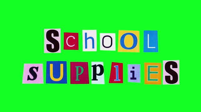 School supplies phrase compiled from rectangle stickers moving in loop animation on chroma key background. Isolated template for creating banner about stationary need for education. Promo information.