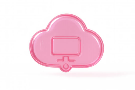 Pink glossy cloud computing icon representing data storage and network technology, 3d rendering with transparent background