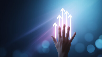 Hand reaching toward glowing upward arrows symbolizing growth progress success and innovation in futuristic technology concept.