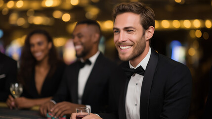 Happy people at casino table with smiling man in tuxedo enjoying drinks and games.