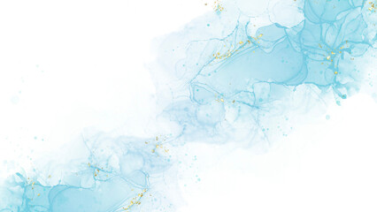 Abstract blue watercolor, blurred Blue powder explosion on white background Luxury design and splash with golden crackers. Template design for birthday invite or card.	
