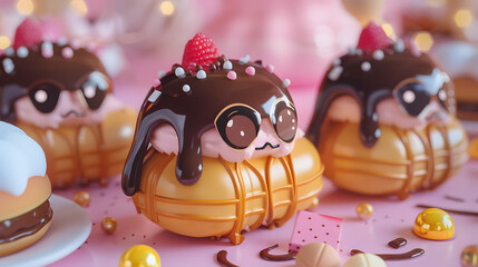 3d cute eclair pastry character chocolate topping