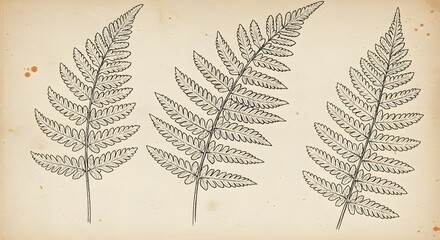 Three lineart ferns are centered on tan paper with slight aging marks