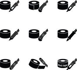 Tape and cutter icon set, utility knife vector, duct tape illustration, black silhouette tools, packaging equipment, cutting tool symbols, grid layout