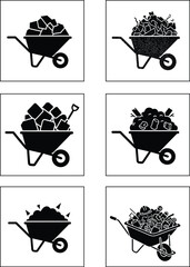 Set of six wheelbarrow illustrations filled with tools, blocks, and debris for construction, gardening, and material transport concepts