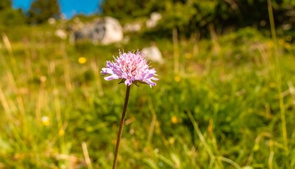 A solitary, vibrant purple flower stands out against a field of out-of-focus grasses and wildflowers, showcasing the beauty of a natural meadow.