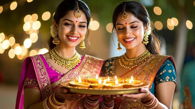 Two smiling women in traditional dress holding tray of burning oil lamps during festive holiday celebration with bokeh lights