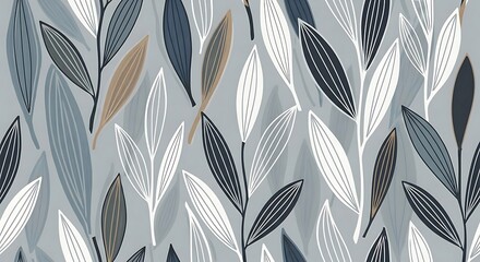 Seamless Modern Botanical Pattern of Abstract Leaves and Branches in Neutral Blue, Grey, and Beige Tones