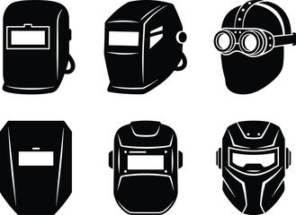 Welding helmet icons, protective gear styles, face shield designs, goggle masks, safety equipment, industrial headwear, visor types, black silhouette set