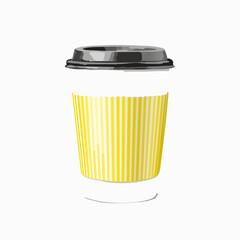 Vector 3d realistic mockup of white paper coffee cup with yellow striped pattern. Template for drink packaging design. Easy to change colour. Isolated from background.