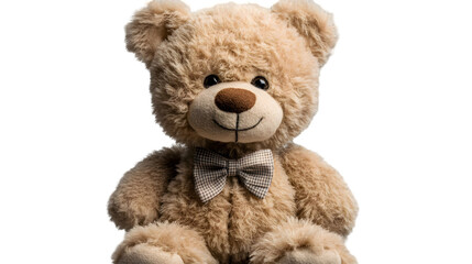 Obraz premium Adorable brown teddy bear with a bow tie isolated on transparent background, a comforting plush toy