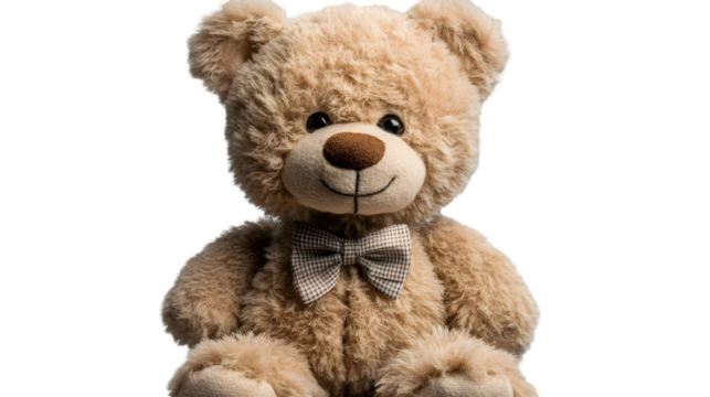 Adorable brown teddy bear with a bow tie isolated on transparent background, a comforting plush toy