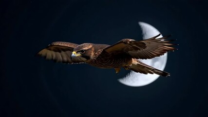 Majestic falcon soars gracefully through the night sky with a luminous crescent moon illuminating its powerful flight path. - Powered by Adobe