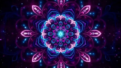 Mesmerizing neon mandala unfolds with vibrant colors, creating a dynamic and visually stunning animated kaleidoscope perfect for hypnotic visuals and futuristic designs - Powered by Adobe