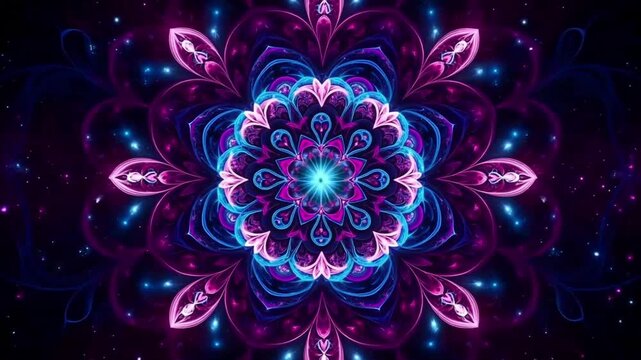 Mesmerizing neon mandala unfolds with vibrant colors, creating a dynamic and visually stunning animated kaleidoscope perfect for hypnotic visuals and futuristic designs