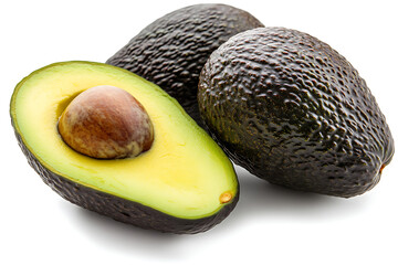 Fresh hass avocados, one sliced in half showing the seed, an invitation to healthy eating and delicious recipes, promotes wellness and nutrition