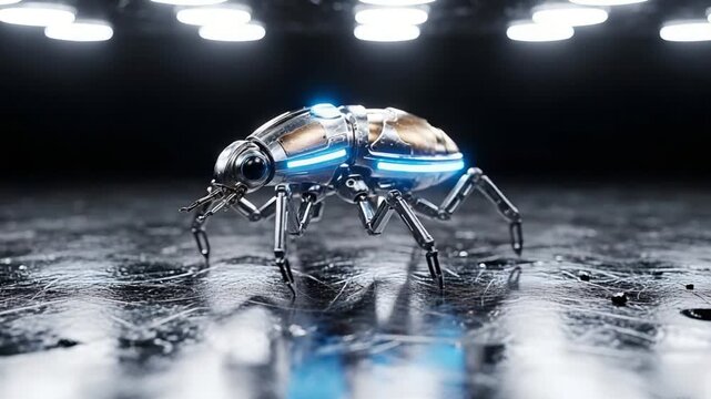 futuristic robot insect on reflective surface