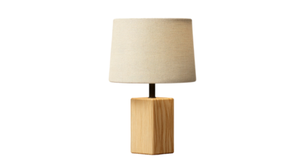 Simple, light beige lamp on wooden block base