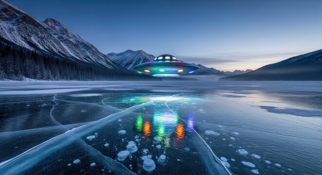 Extraterrestrial arrival concept showcasing a ufo hovering over a frozen lake at dusk