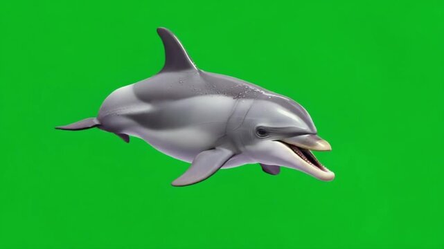 A dolphin swimming on a green screen background with its mouth open and visible teeth shown well green screen animal video