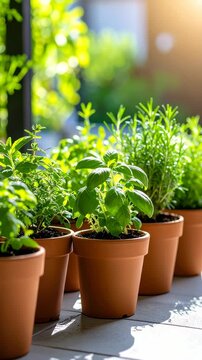 Variety of fresh potted herbs sitting on the balcony in bright sunlight, ready for use, providing aroma, flavors and decoration.