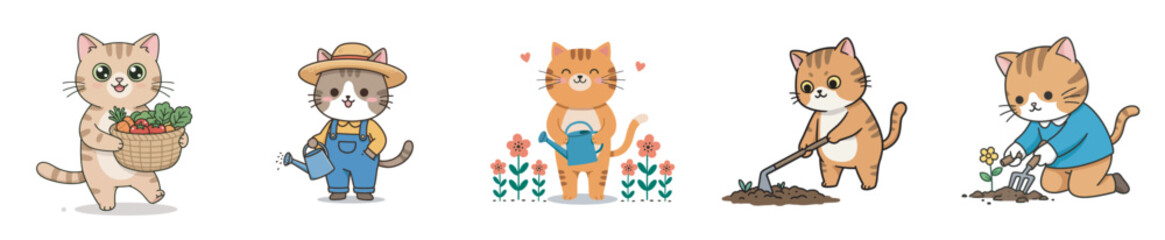 A cute collection of cartoon cat characters gardening and farming concept
