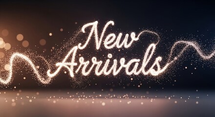 Elegant 'New Arrivals' message design with sparkling particles and bokeh. Perfect for retail promotions, special product launches, and seasonal sales events.