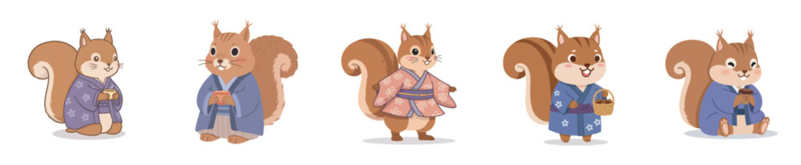 Charming illustration of cute squirrels dressed in traditional Japanese kimonos, celebrating Asian culture and festivities