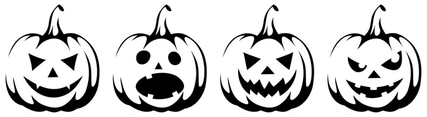 Jack-o'-lanterns (Halloween pumpkins). Black and white contour drawings of four jack-o'-lanterns isolated on a white background. Set of vector illustrations