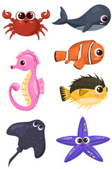 Illustrations of various adorable sea animals with big eyes and cheerful faces, flat design clipart of fish and sea animals 