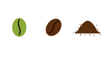 Three coffee states green bean roasted bean and ground coffee pile