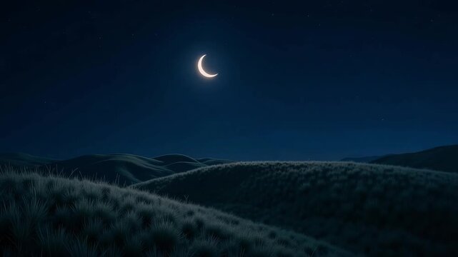 Serene crescent moon illuminates vast starry night sky over rolling grassy hills creating a peaceful, tranquil, and dreamy landscape scene