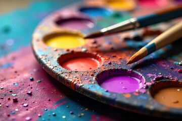 Obraz premium Vibrant Acrylic Artist Palette Ready for Painting Colorful Paints and Brushes Await Creative Expression