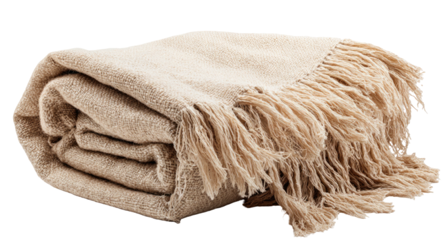 Rolled beige throw blanket with fringe